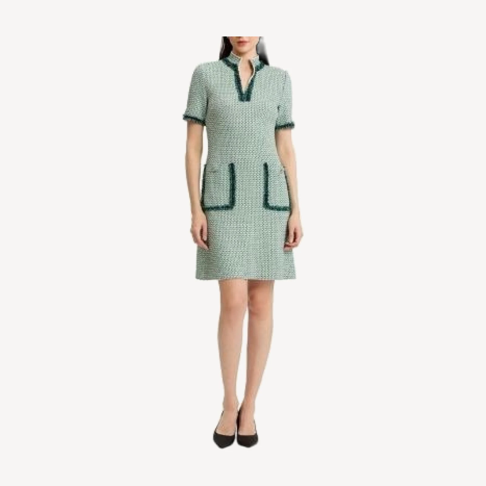 Ming Wang Fringe Trim Jacquard Basketweave Knit Sheath Dress