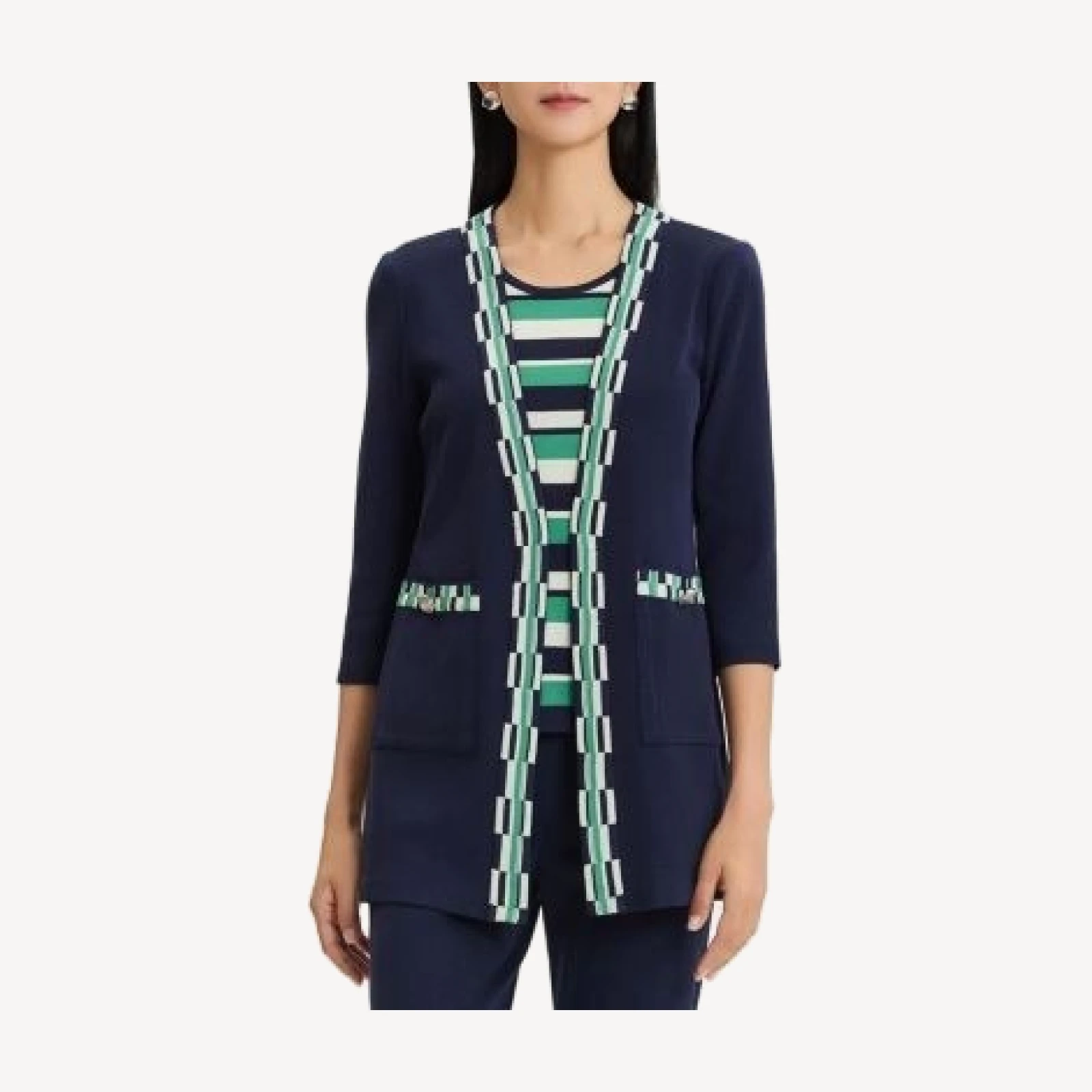 Ming Wang Plus Checkered Trim Soft Knit Jacket