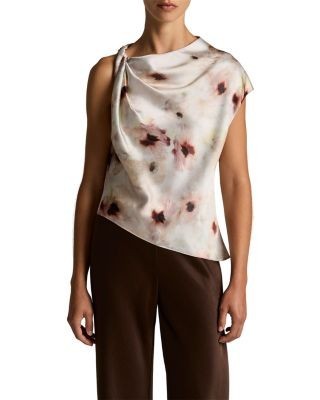 Vince Watercolor Floral Satin Twist Shoulder Top