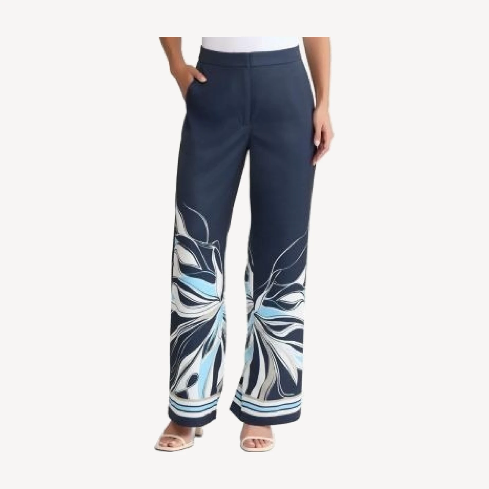 Ming Wang Crepe de Chine Wide-Leg Floral Abstract Pants