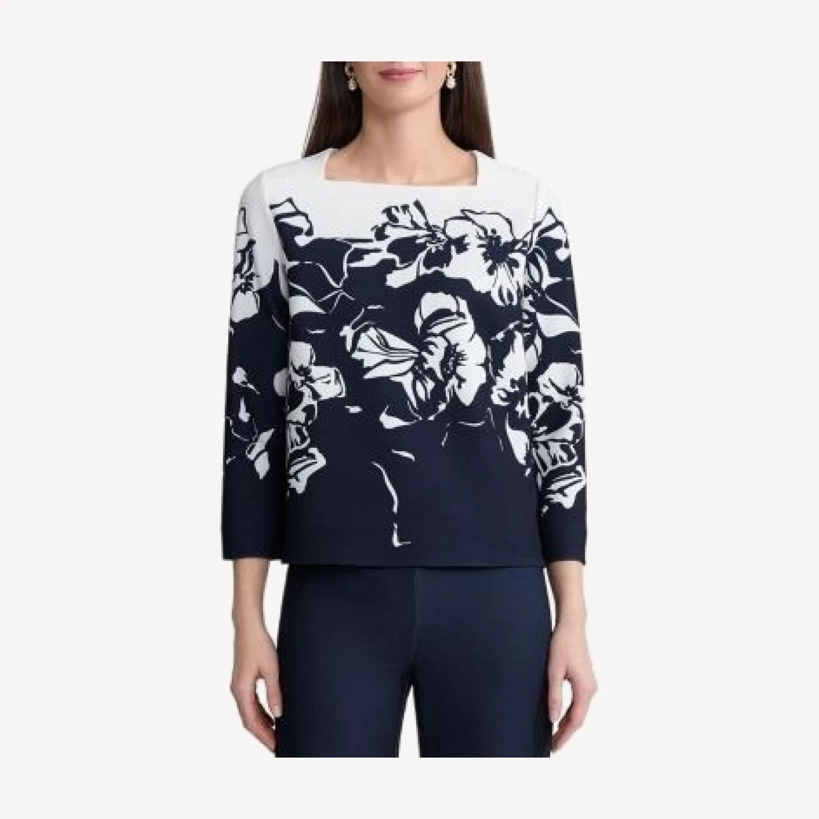 Ming Wang Floral Print Stretch Deco Crepe Blouse