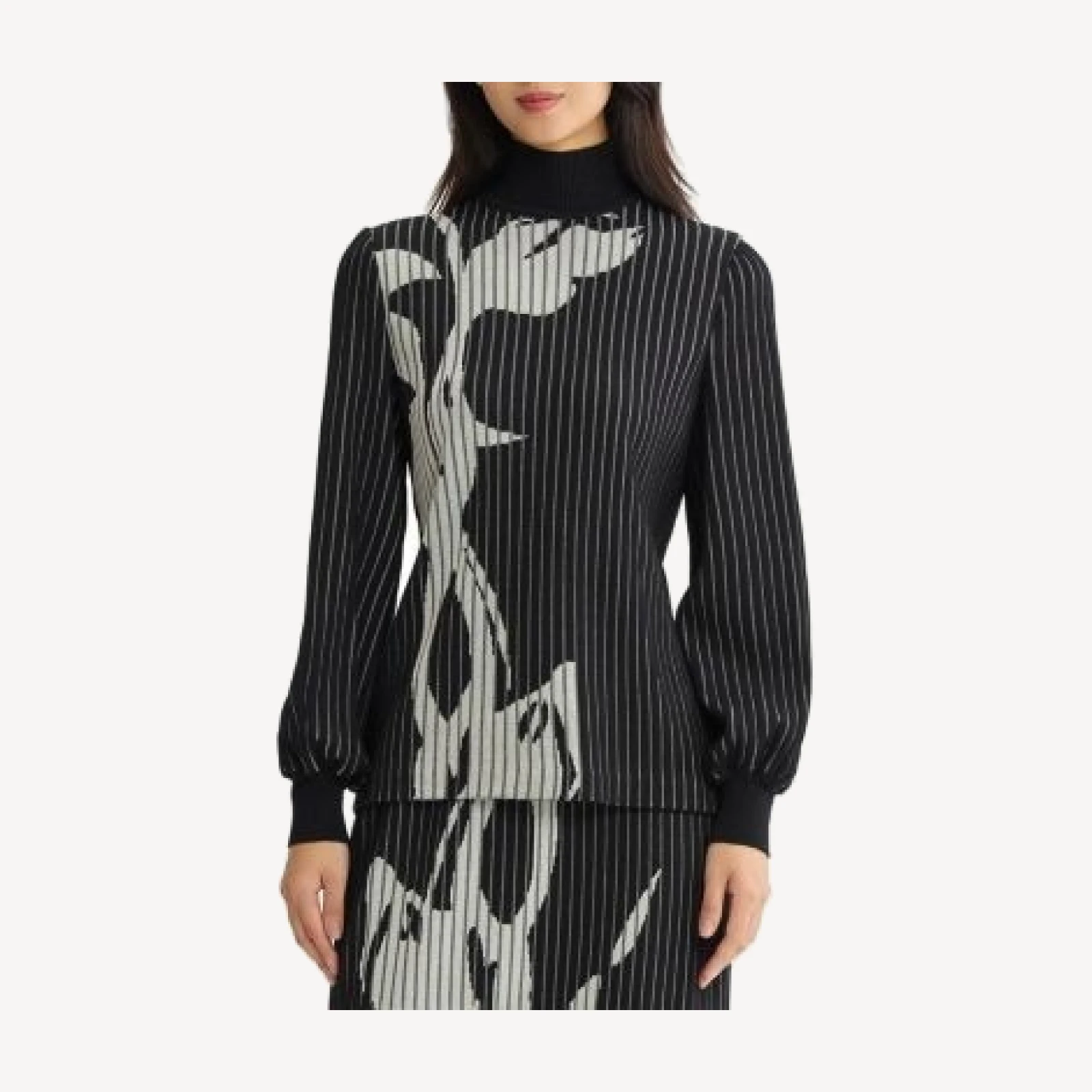 Ming Wang Mock Neck Floral Soft Ribbed Knit Top