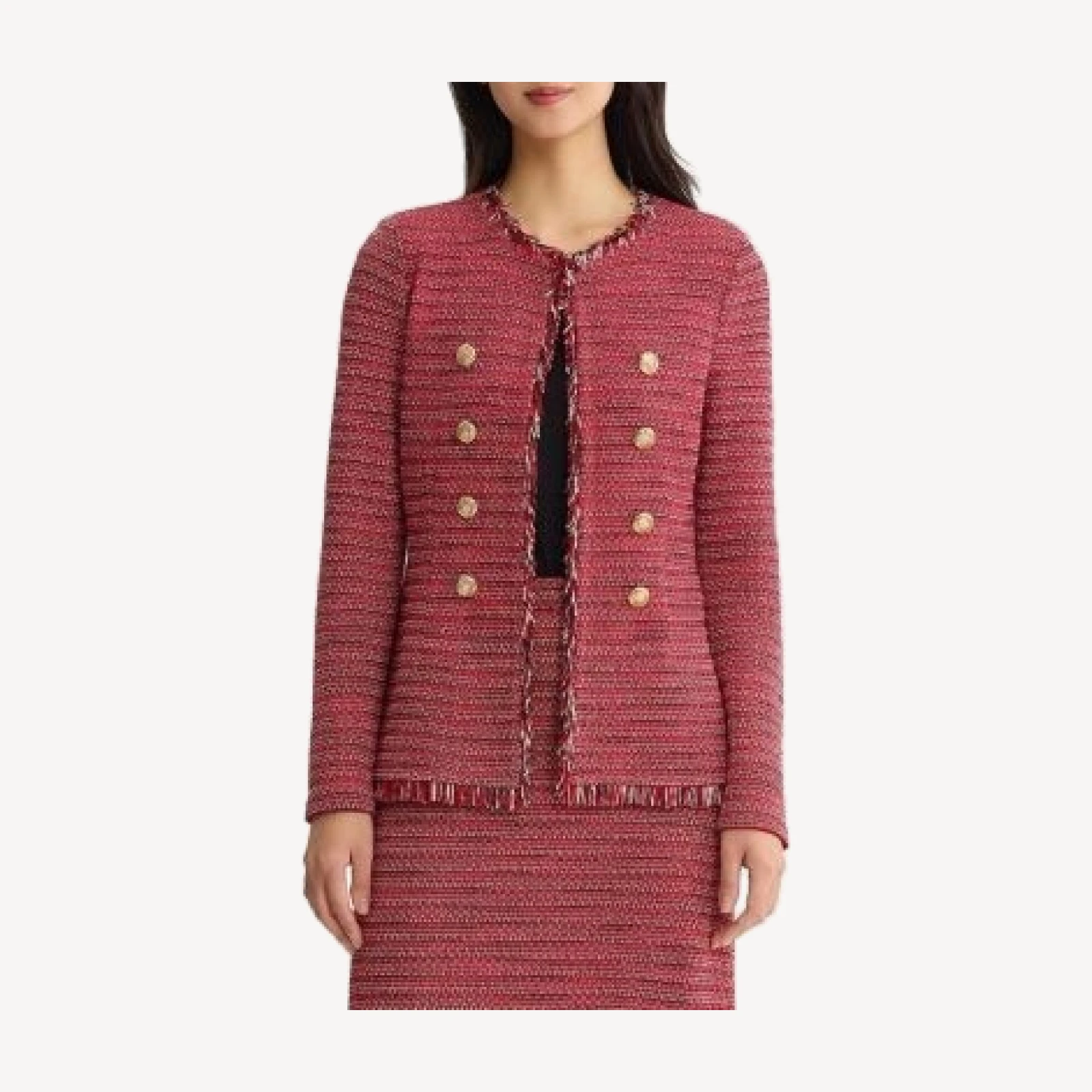 Ming Wang x Anna Marie Fringe Trim Tweed Knit Jacket