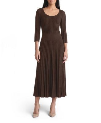 Ming Wang Linear Pointelle Tonal Knit Fit and Flare Midi Dress