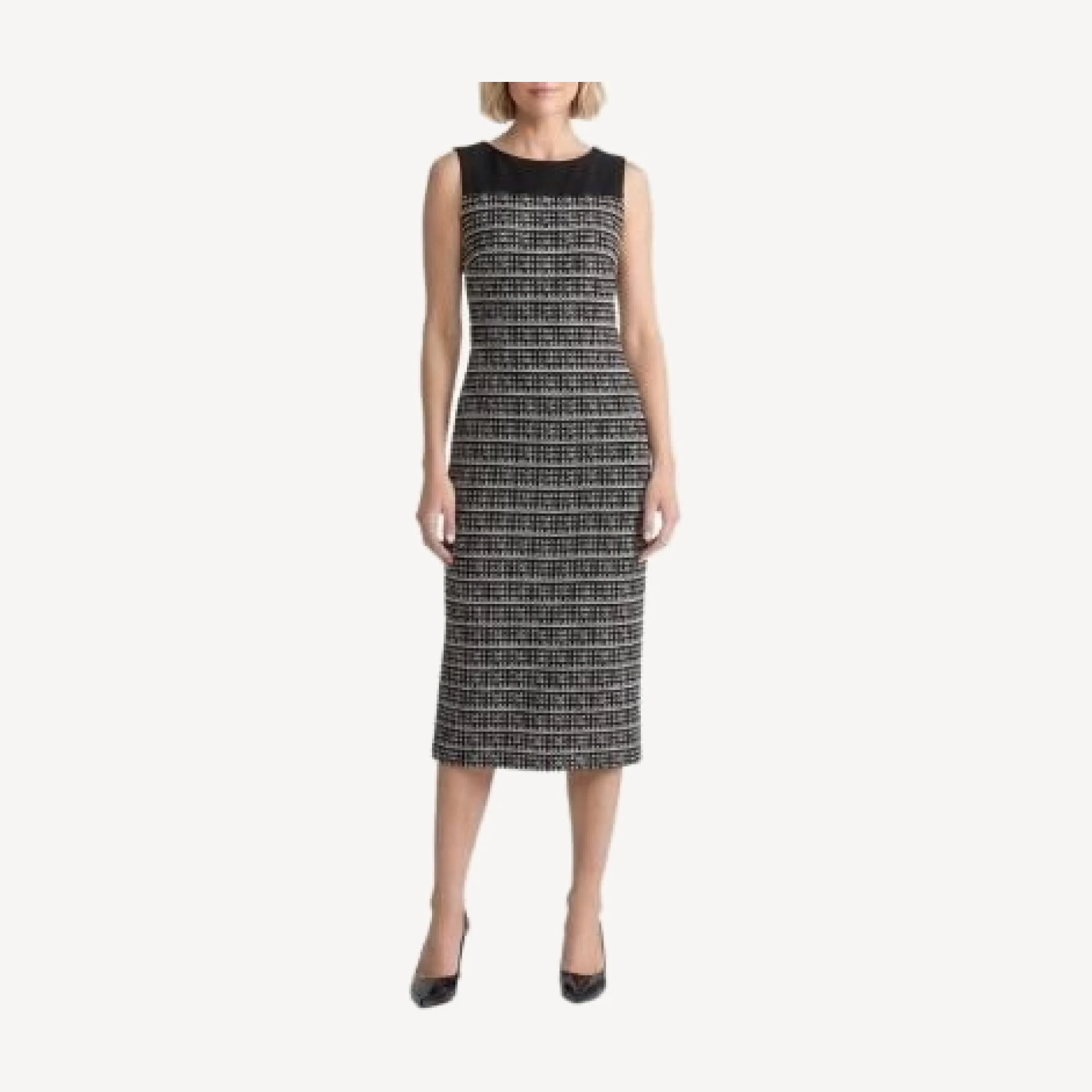 Ming Wang Mixed-Media Tweed Knit Sheath Dress