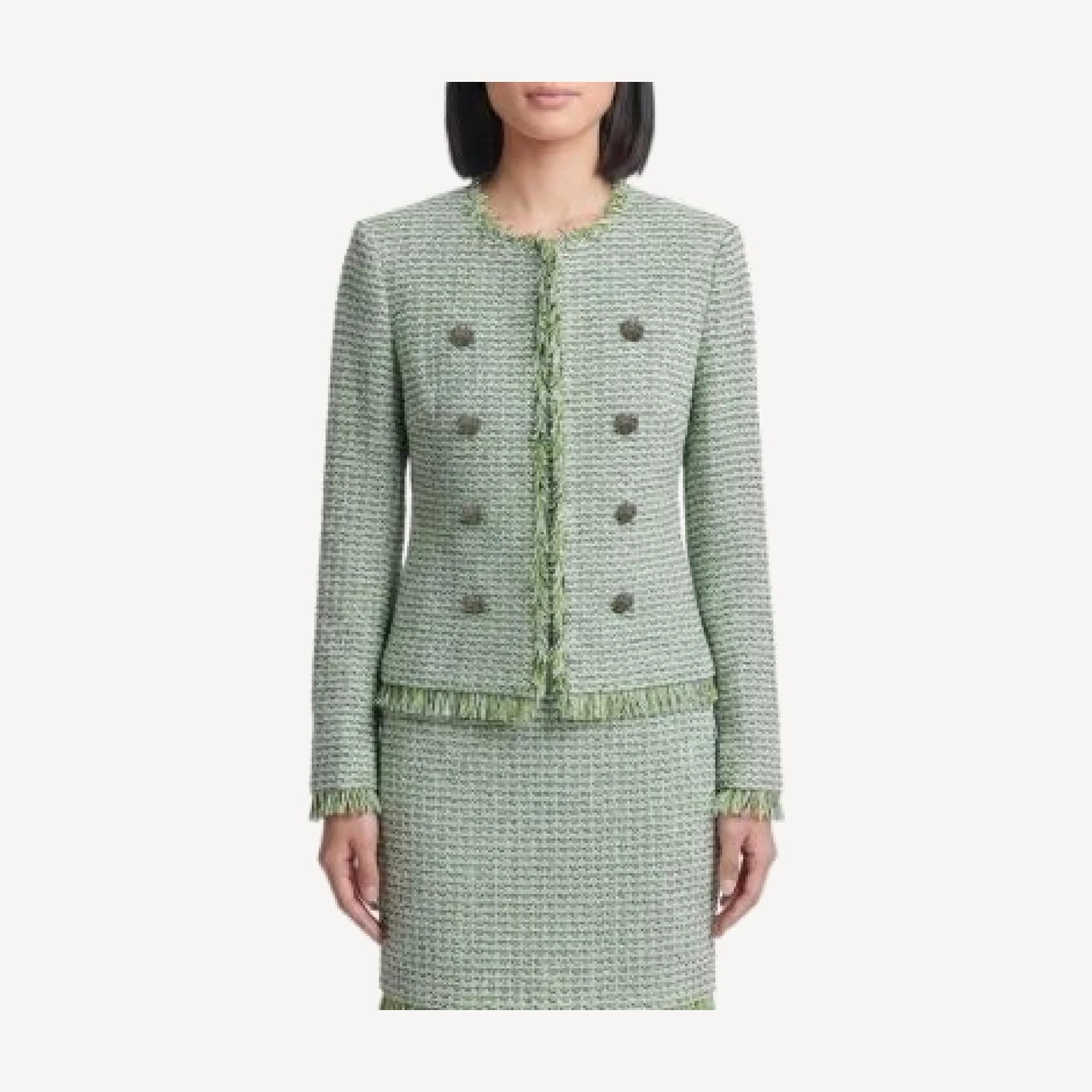 Ming Wang Petite Fringe Trim Tweed Knit Jacket