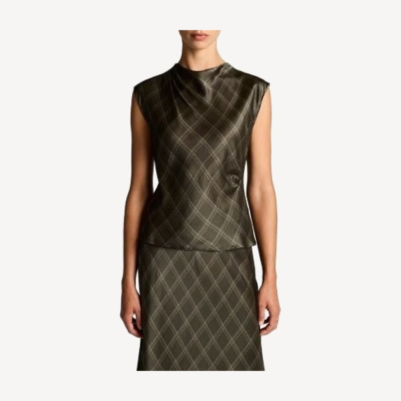 Vince Diamond Plaid Draped Silk Top