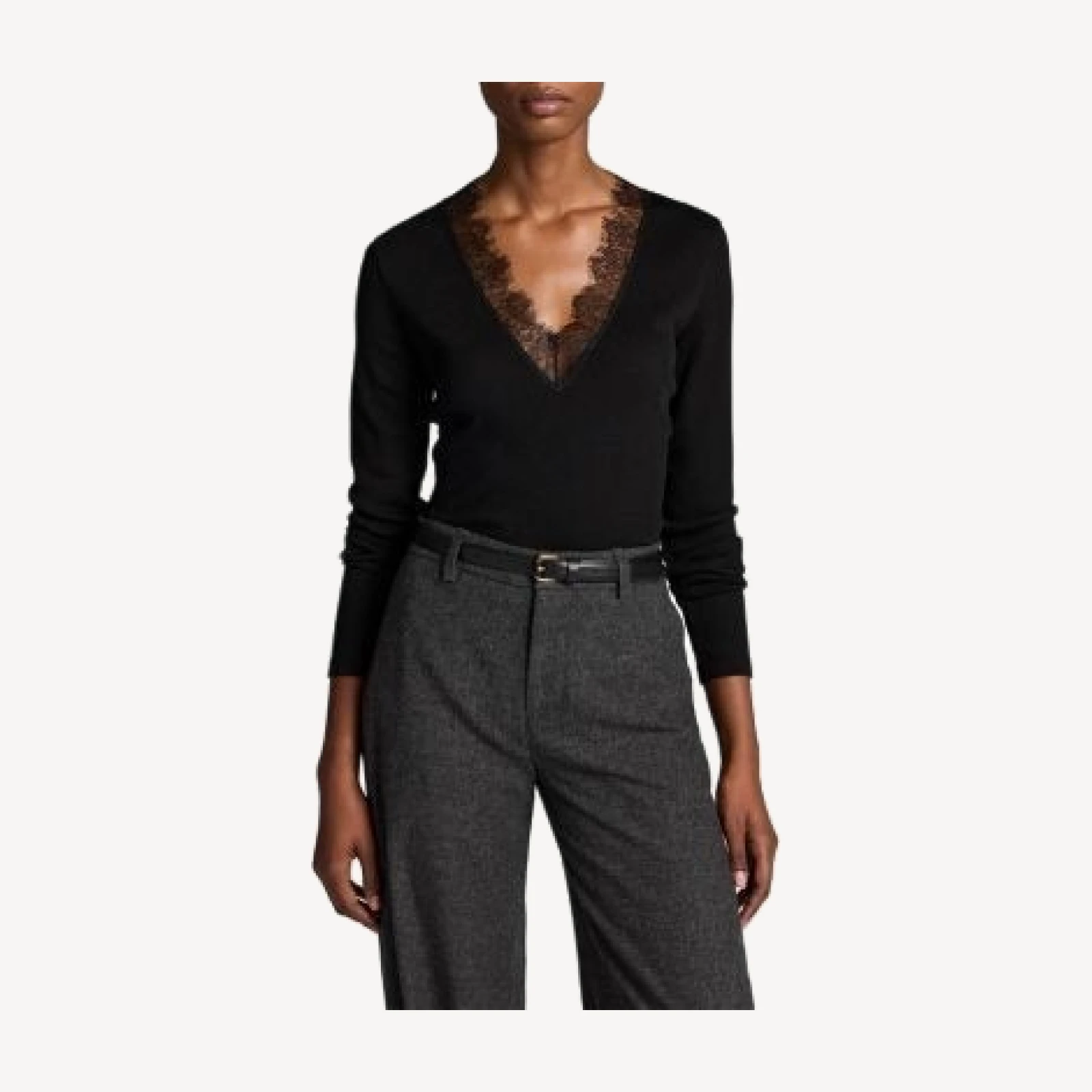 Vince Lace Trim Long Sleeve V Neck Top