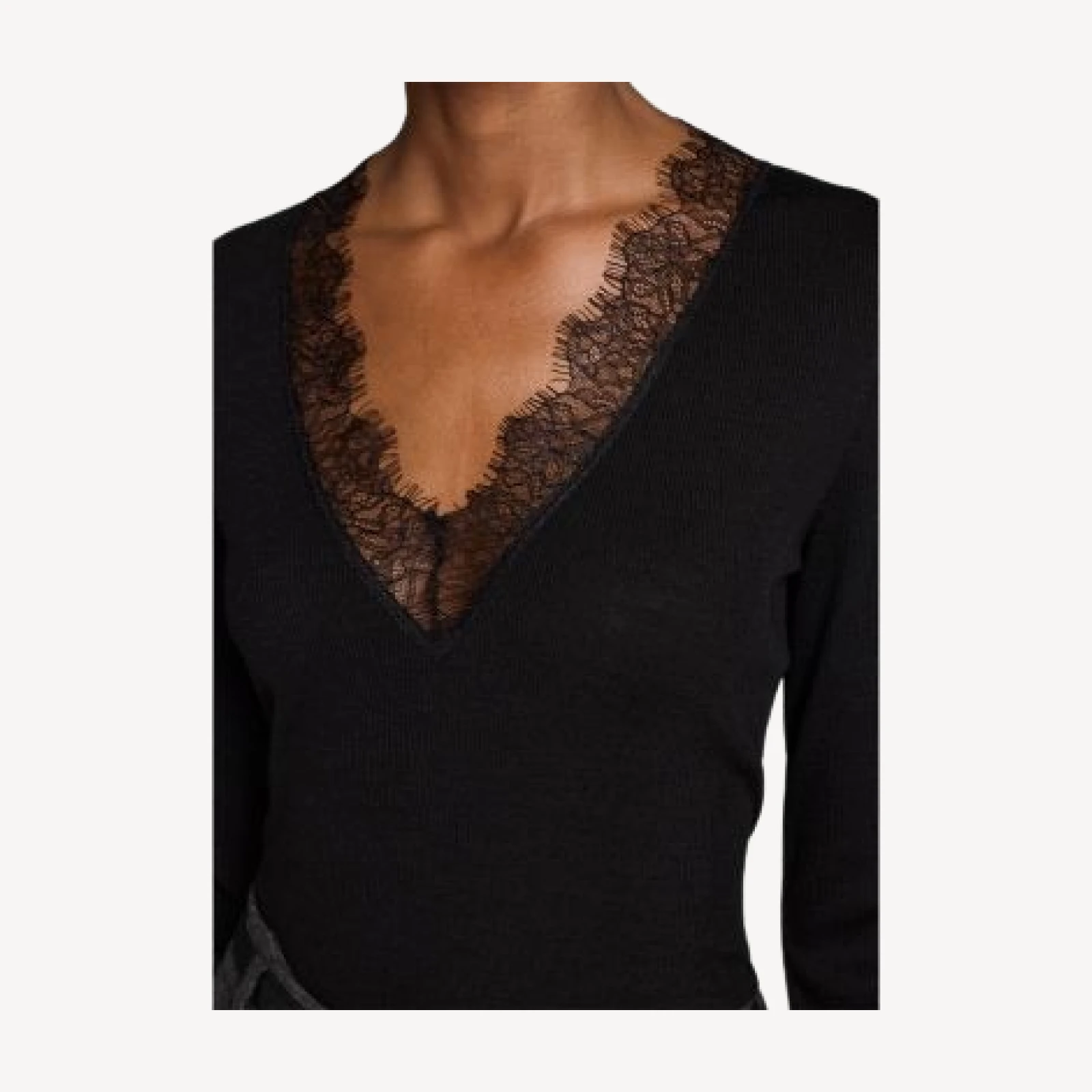 Vince Lace Trim Long Sleeve V Neck Top