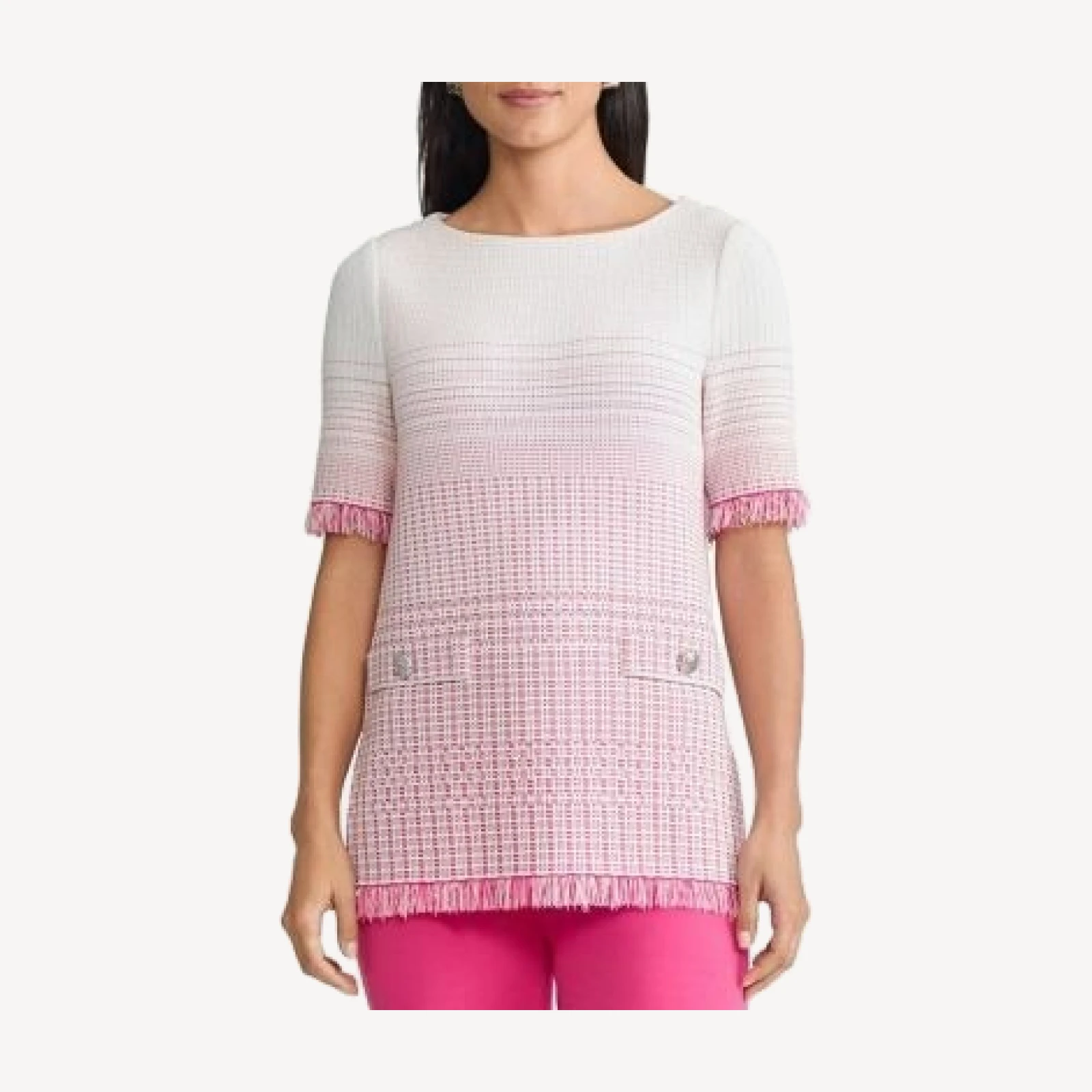 Ming Wang Ombre Fringe Trim Jacquard Knit Tunic