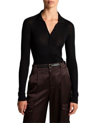 Vince Wool Silk Ribbed Raglan Polo Top