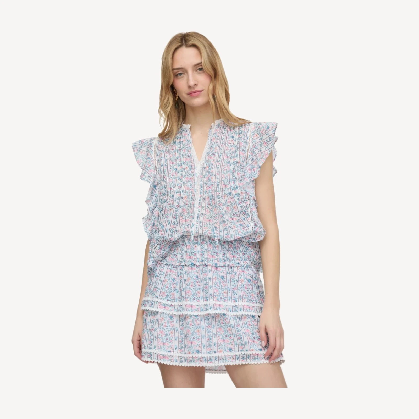 The Ramona Top - White Etched Floral Stripe