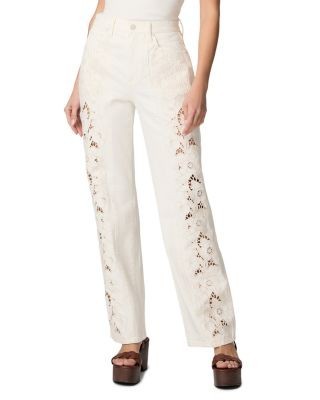 Paige Sawyer High Rise Wide Leg Jeans in Tonal Ecru Embroidered