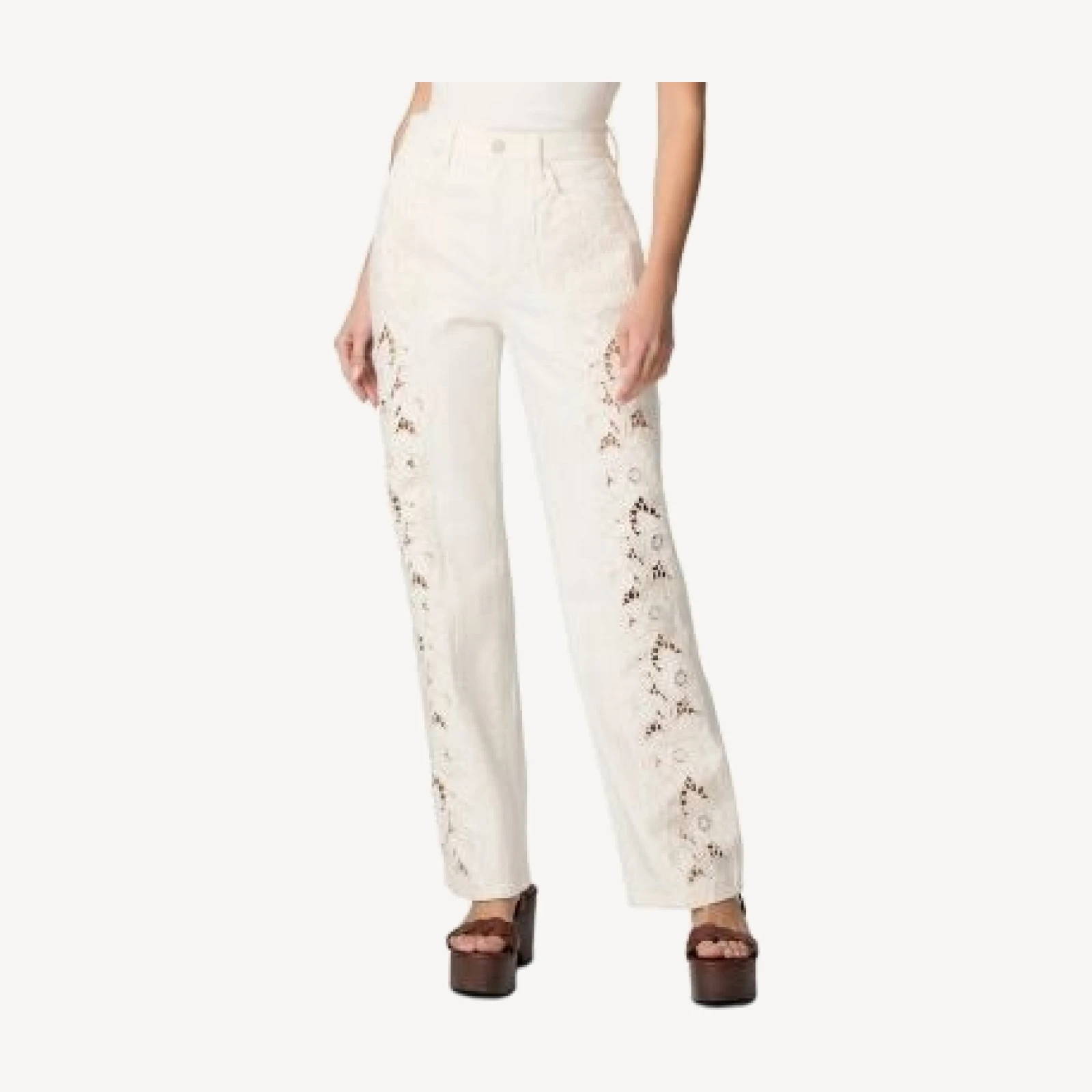 Paige Sawyer High Rise Wide Leg Jeans in Tonal Ecru Embroidered