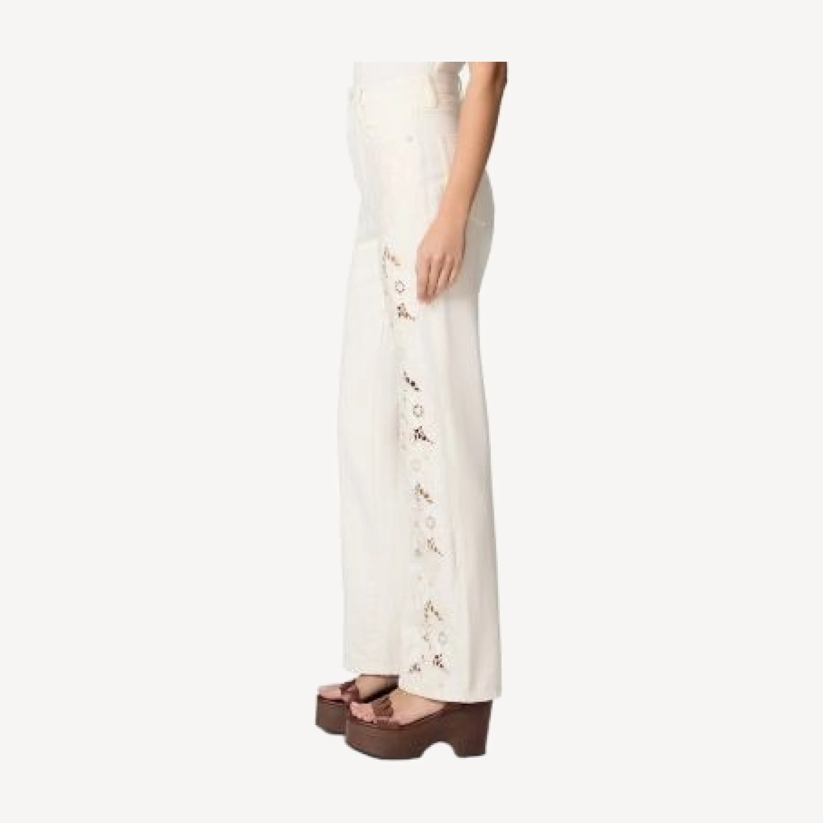 Paige Sawyer High Rise Wide Leg Jeans in Tonal Ecru Embroidered