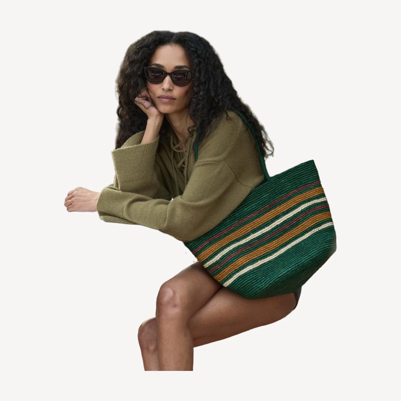 HARBOUR TOTE -- GREEN STRIPED RAFFIA