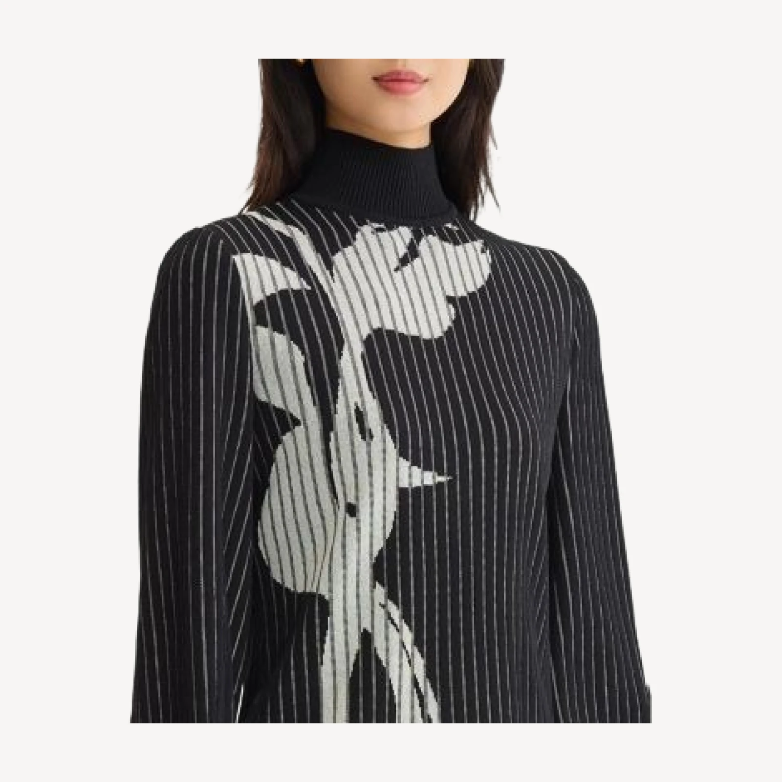 Ming Wang Mock Neck Floral Soft Ribbed Knit Top