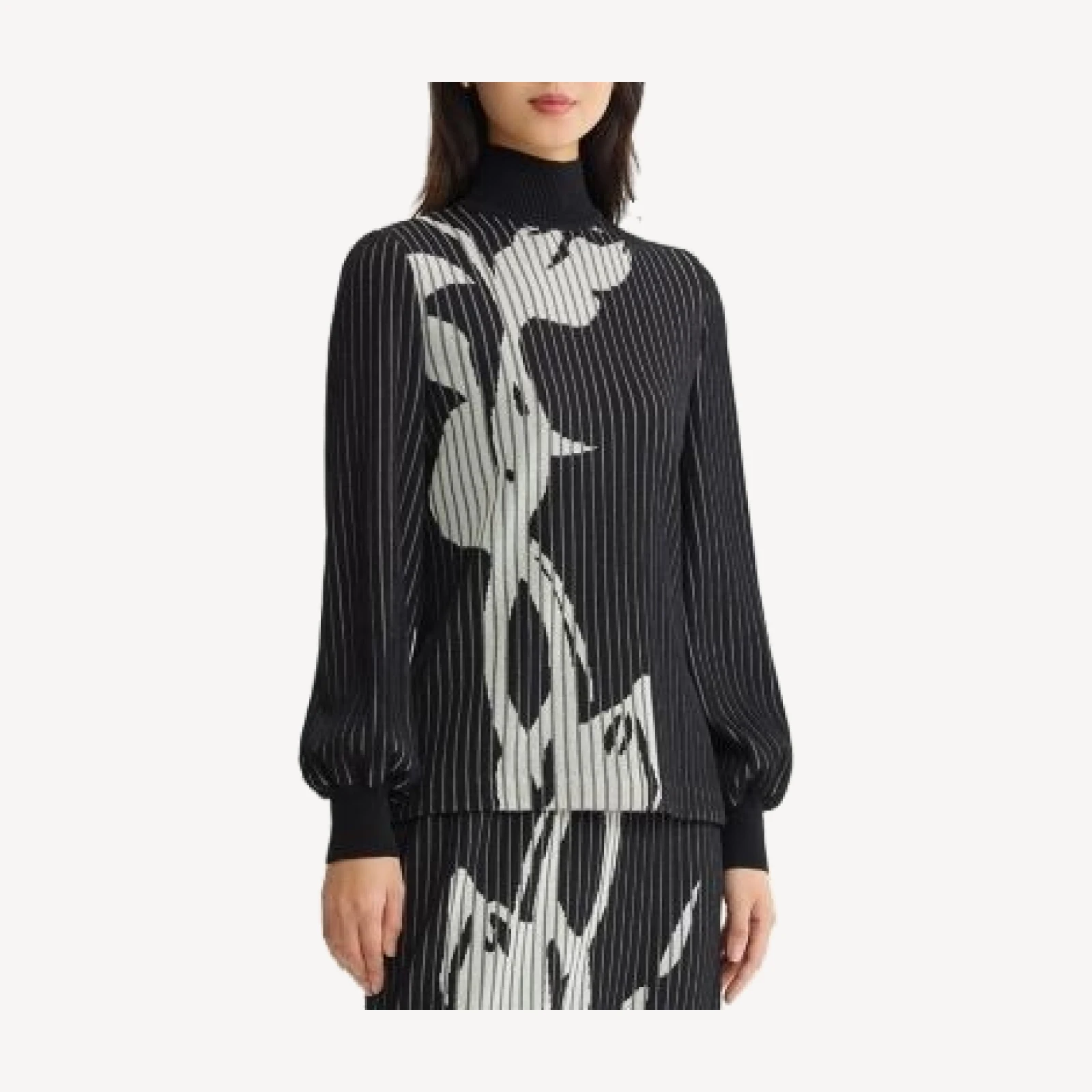 Ming Wang Mock Neck Floral Soft Ribbed Knit Top