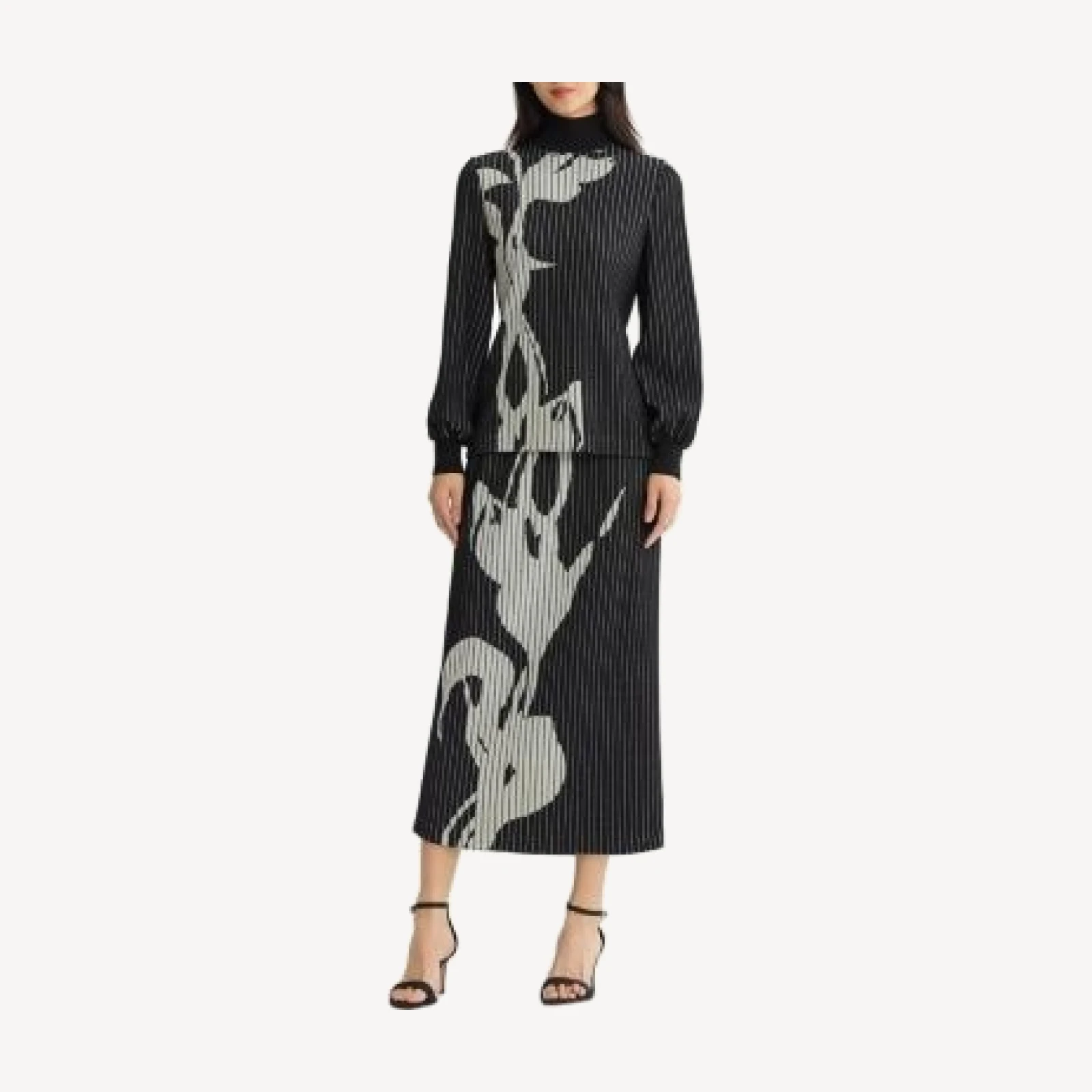 Ming Wang Mock Neck Floral Soft Ribbed Knit Top