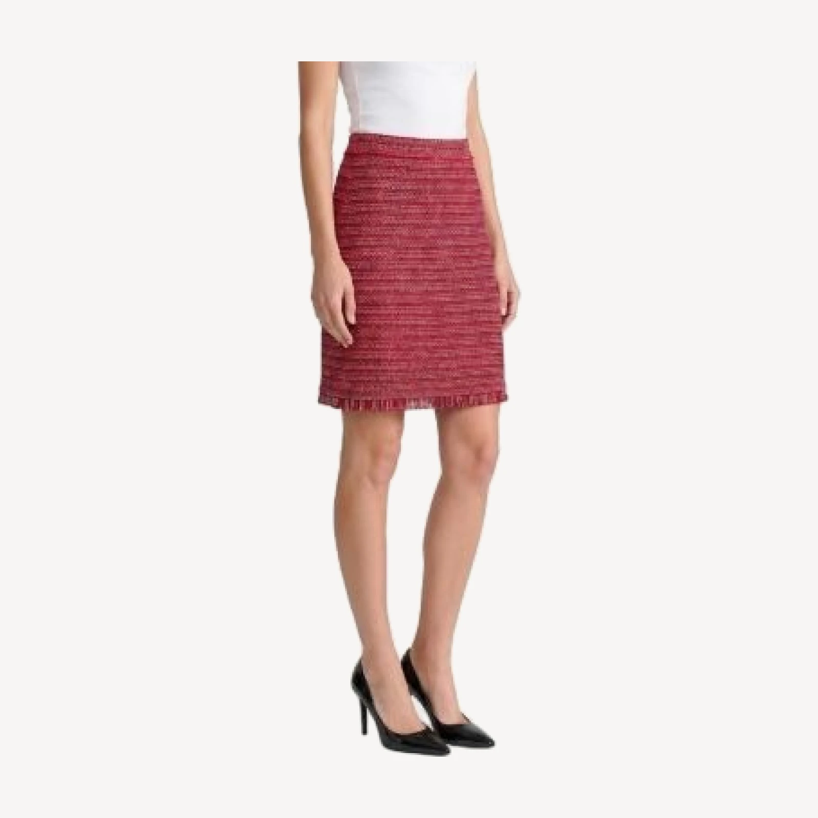 Ming Wang x Anna Marie A-Line Fringe Trim Tweed Knit Skirt