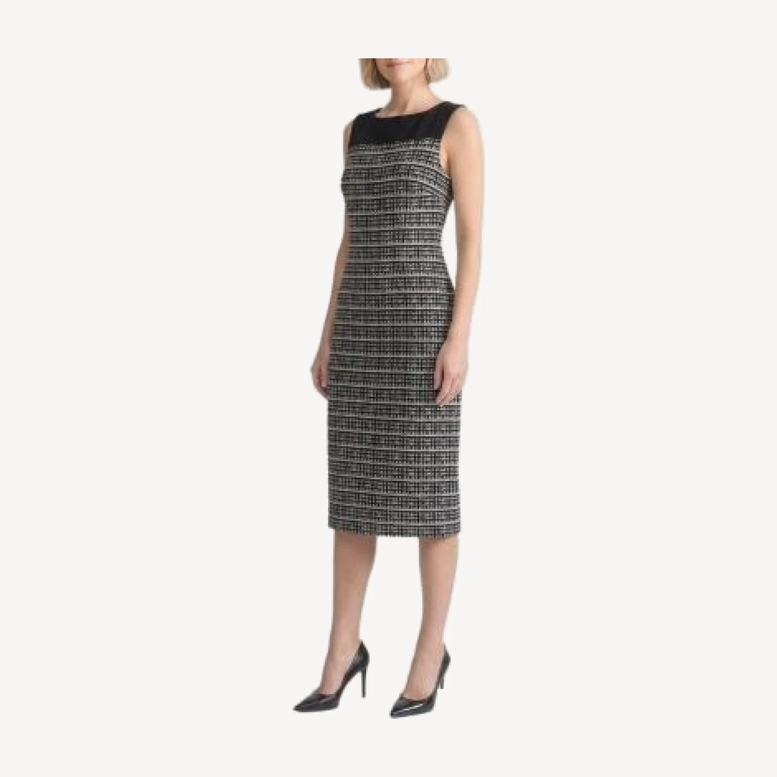 Ming Wang Mixed-Media Tweed Knit Sheath Dress