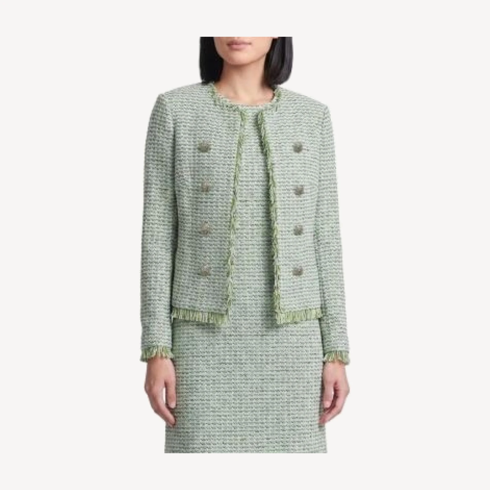Ming Wang Fringe Trim Tweed Knit Jacket