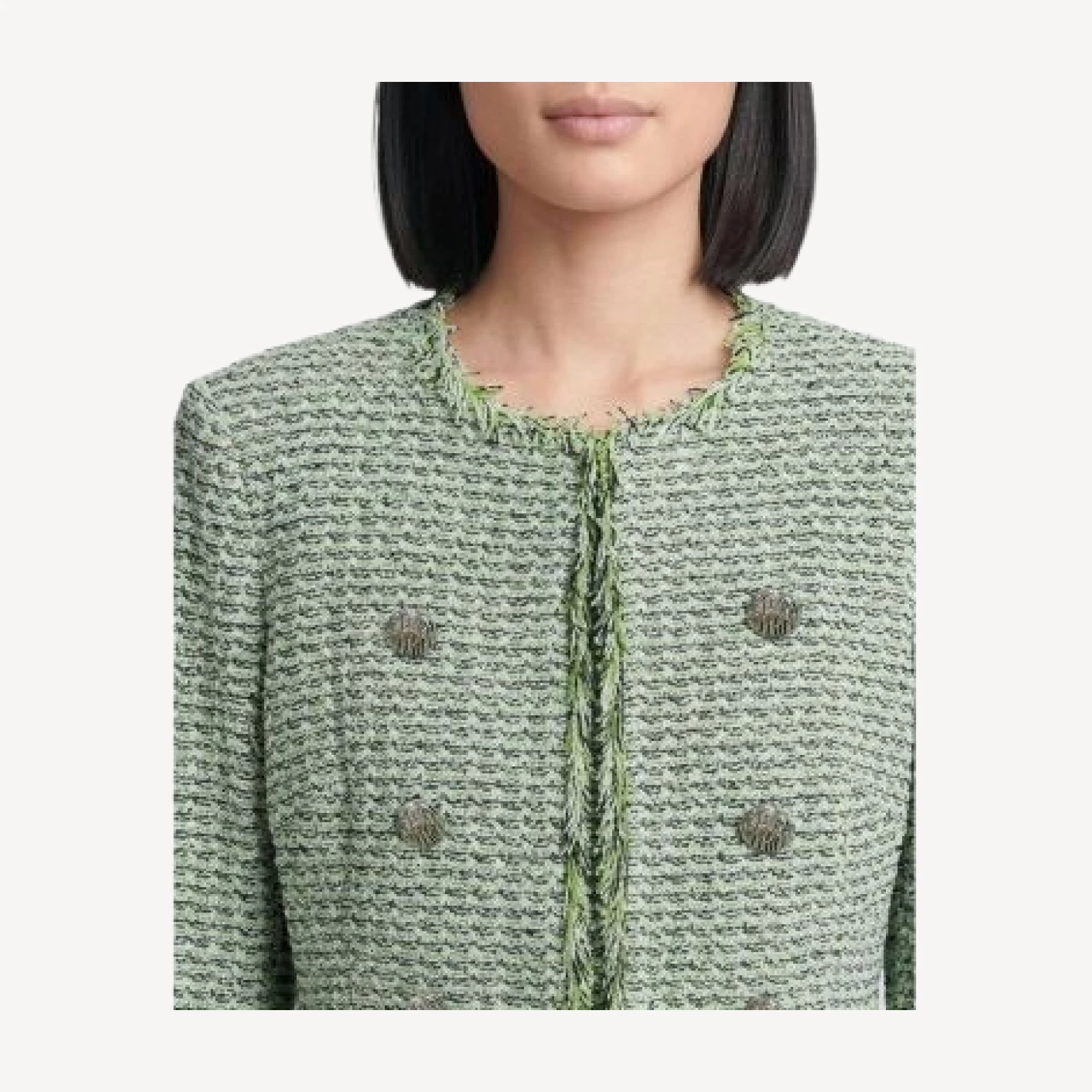 Ming Wang Fringe Trim Tweed Knit Jacket
