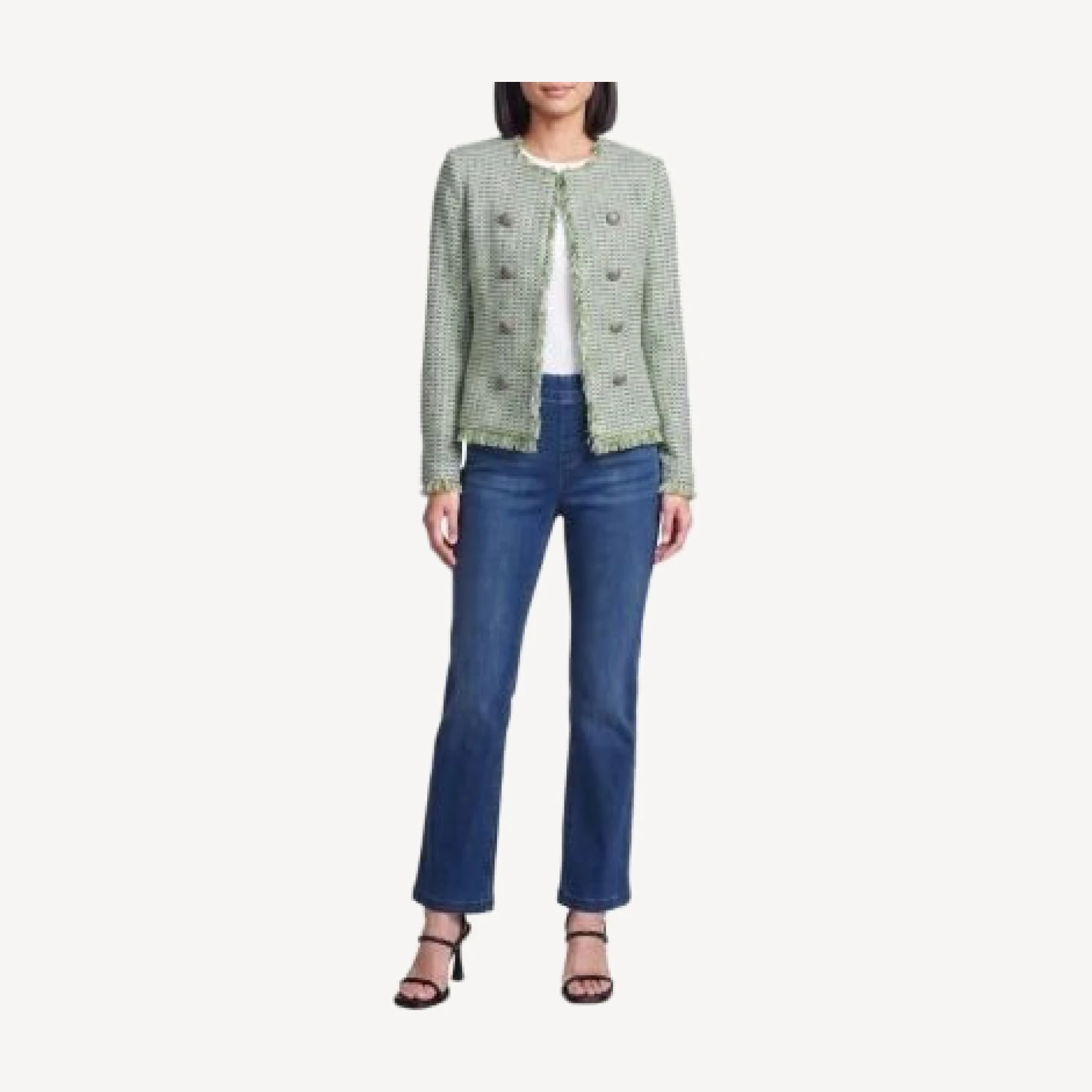 Ming Wang Fringe Trim Tweed Knit Jacket