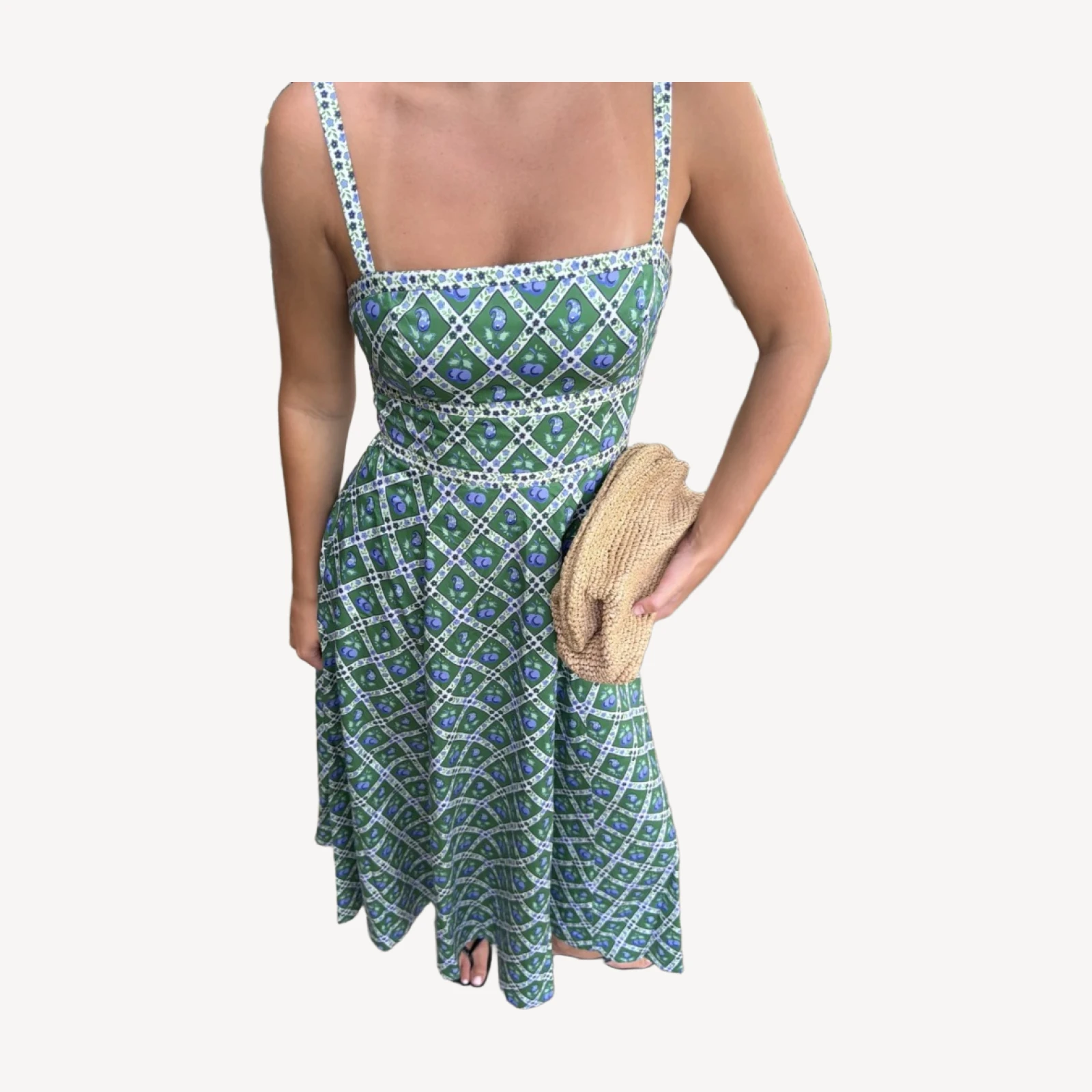 The Margot Dress - Diamond Cherries Grass Green