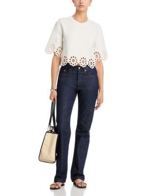 Aqua Embroidered Cutout Crop Round Neck Sweater - Exclusive