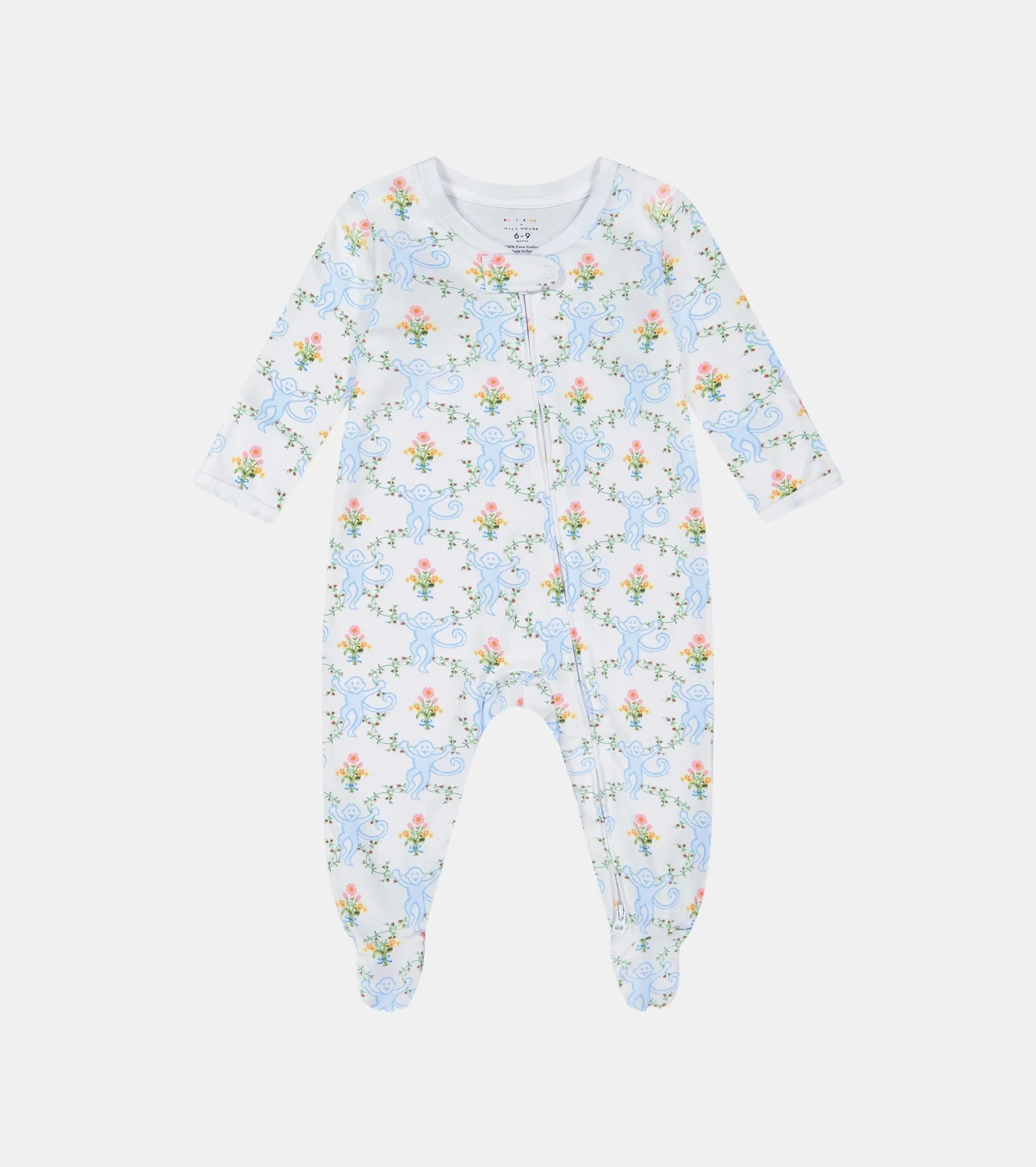 Roller Rabbit x Hill House Infant Zipper Footie - Blue Floral Monkey Trellis