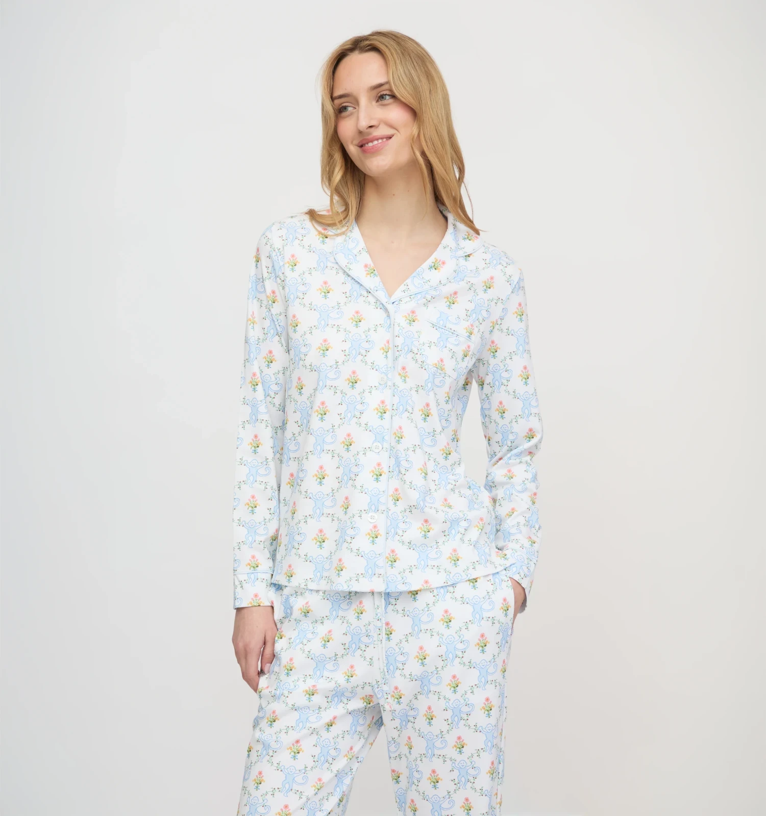 Roller Rabbit x Hill House Long Sleeve Polo Pajamas - Blue Floral Monkey Trellis