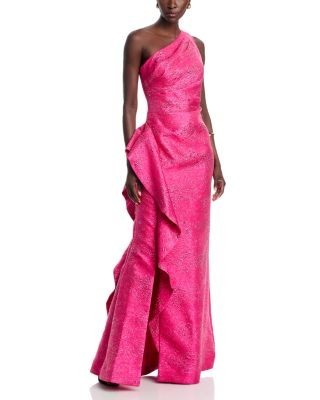 Teri Jon by Rickie Freeman Metallic Jacquard One-Shoulder Gown