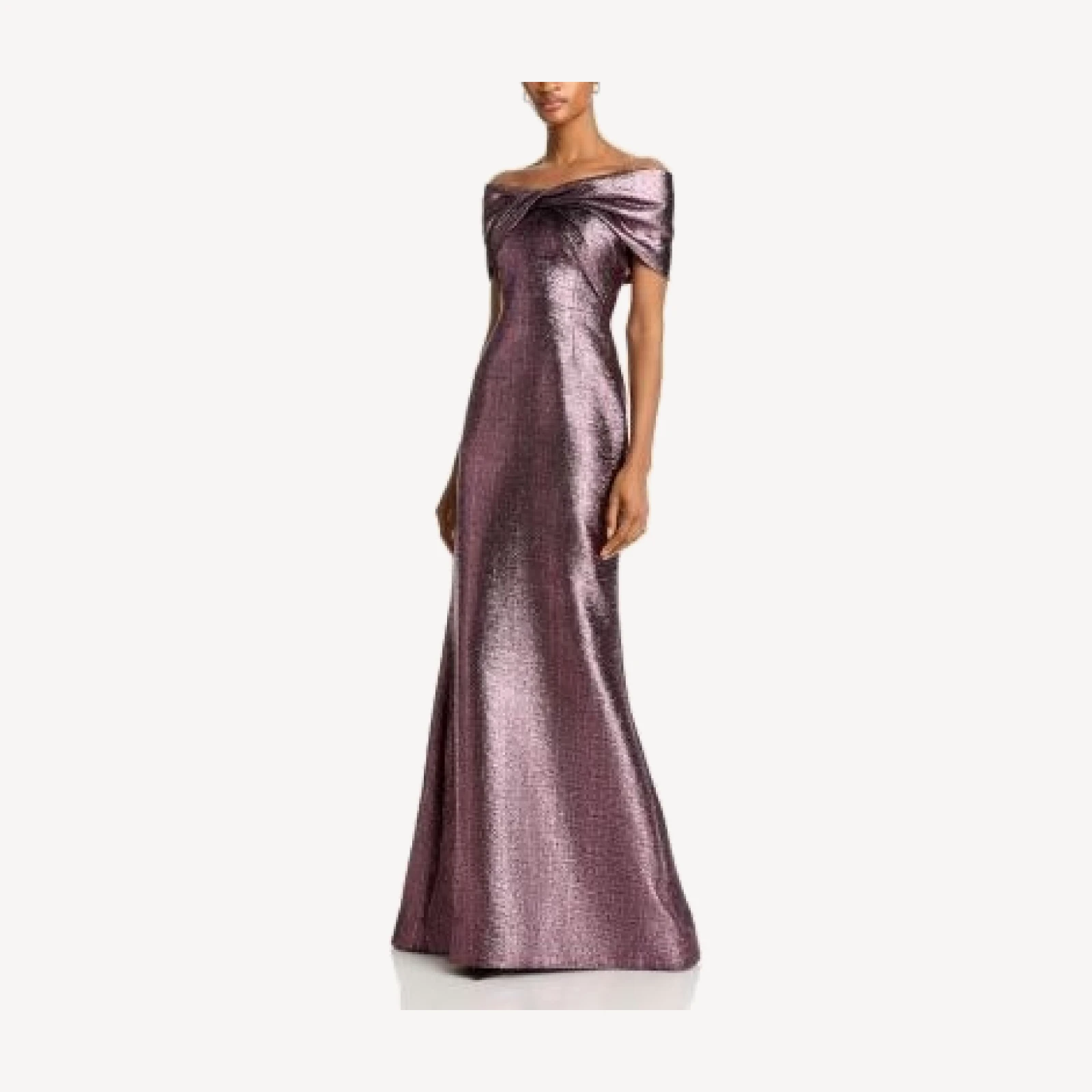 Teri Jon by Rickie Freeman Metallic Jacquard Twist Bodice Off-the-Shoulder Gown