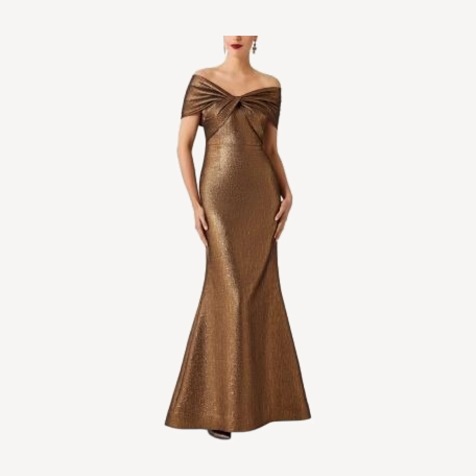 Teri Jon by Rickie Freeman Off Shoulder Twist Metallic Jacquard Gown