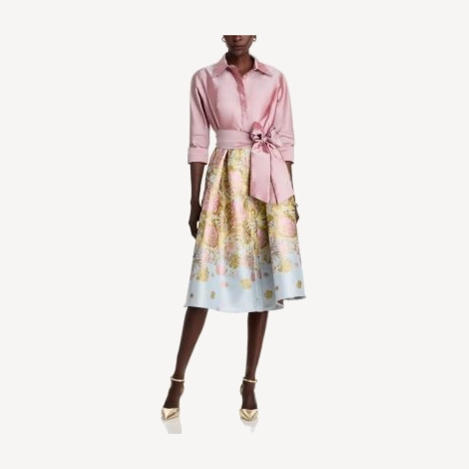 Teri Jon by Rickie Freeman Mixed Media Floral Jacquard Shirt Dress