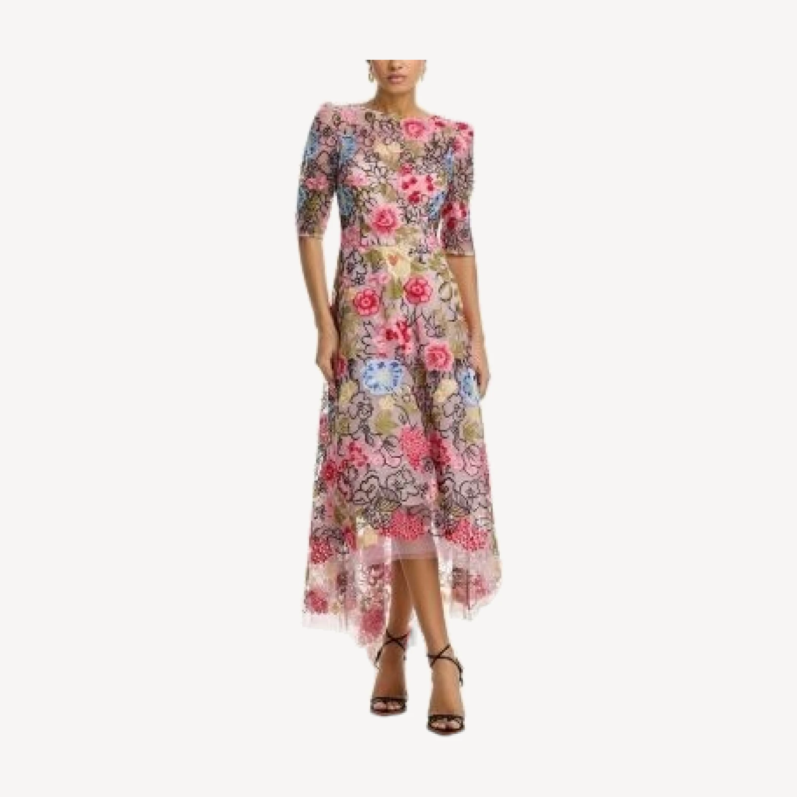 Teri Jon by Rickie Freeman Embroidered Floral High Low Fit and Flare Dress