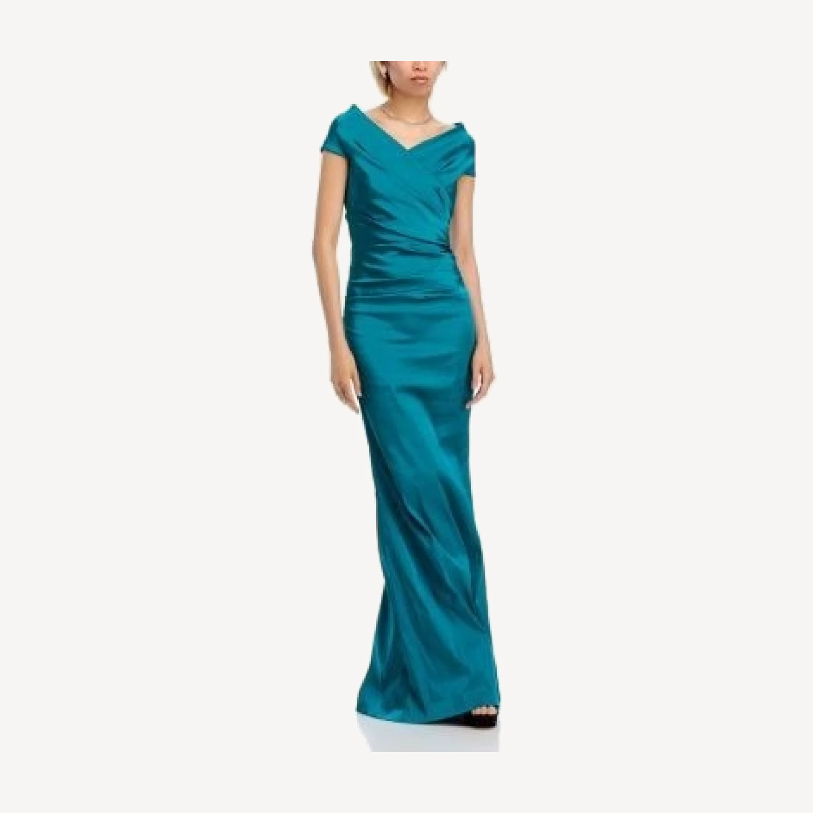 Teri Jon by Rickie Freeman Off-the-Shoulder Ruched Satin Gown