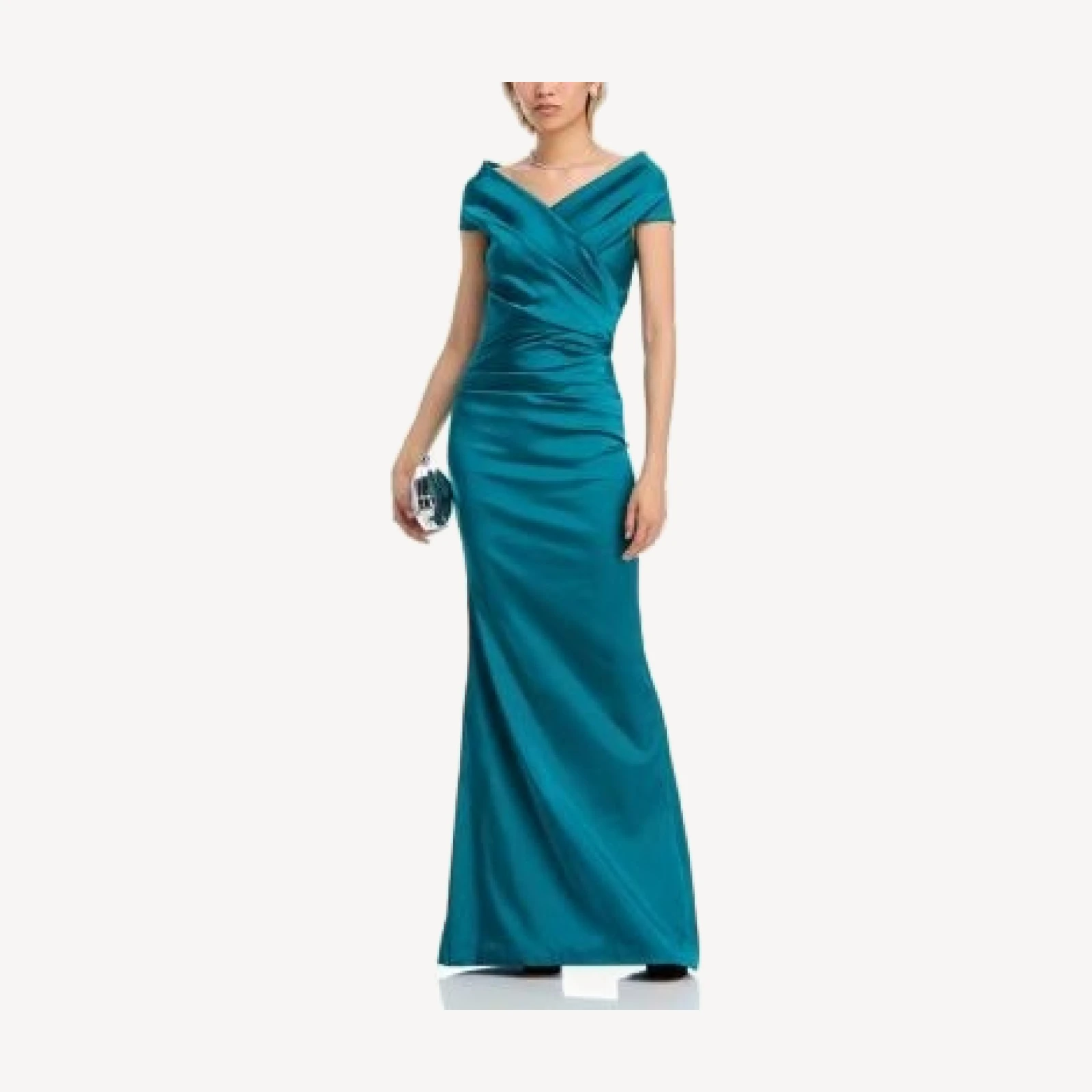 Teri Jon by Rickie Freeman Off-the-Shoulder Ruched Satin Gown