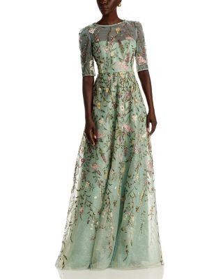 Teri Jon by Rickie Freeman Floral Embroidered Tulle Elbow Sleeve Gown