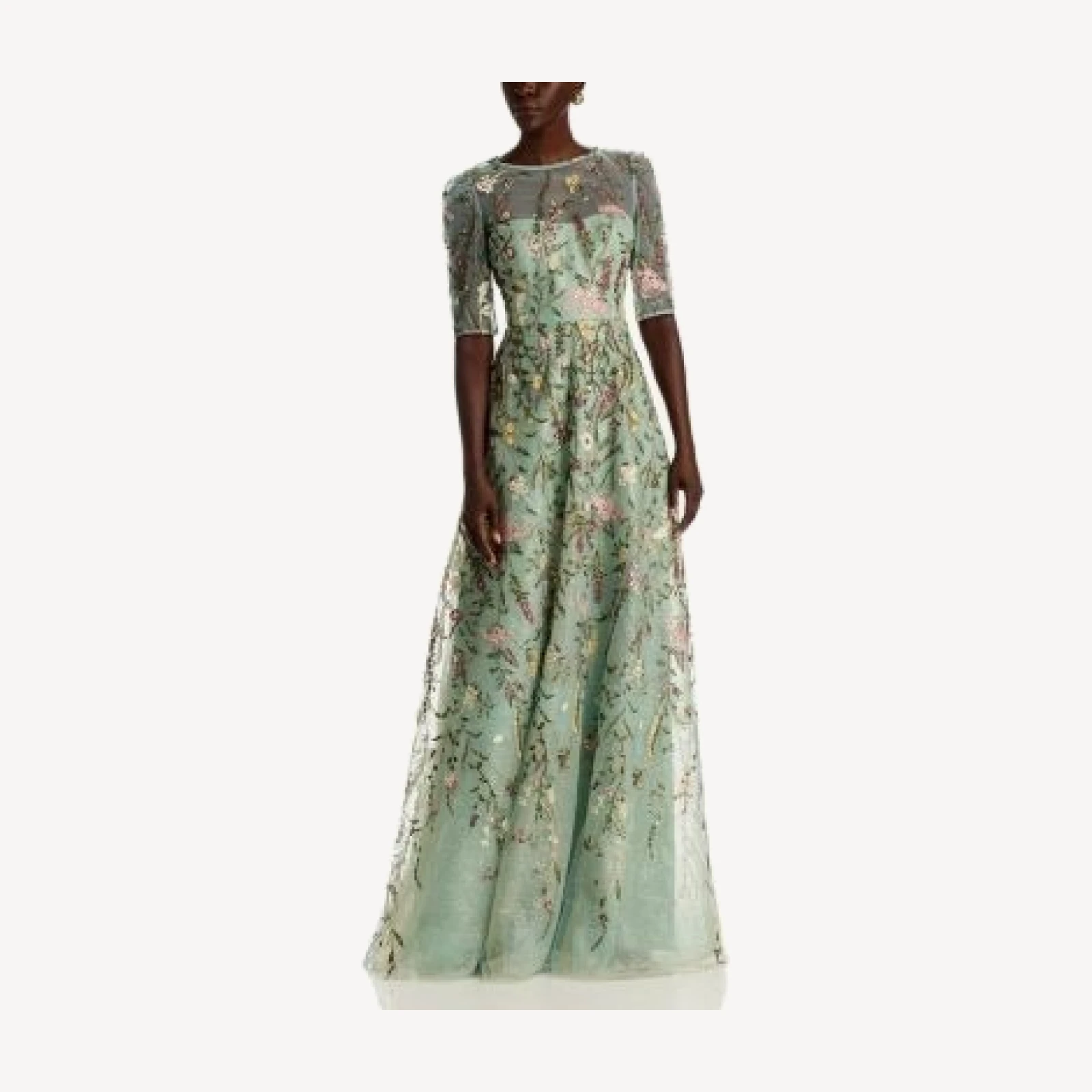 Teri Jon by Rickie Freeman Floral Embroidered Tulle Elbow Sleeve Gown