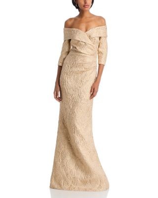 Teri Jon by Rickie Freeman Off-the-Shoulder Metallic Jacquard Gown
