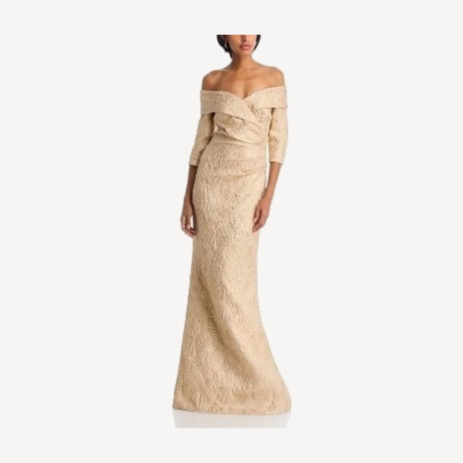Teri Jon by Rickie Freeman Off-the-Shoulder Metallic Jacquard Gown
