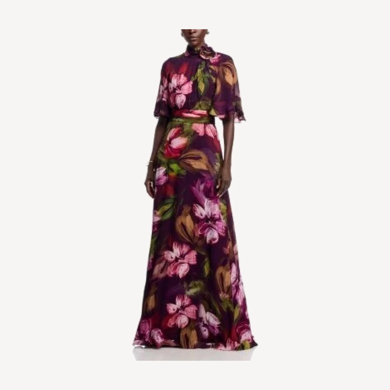 Teri Jon by Rickie Freeman Floral Flutter Sleeve Mock Neck Gown