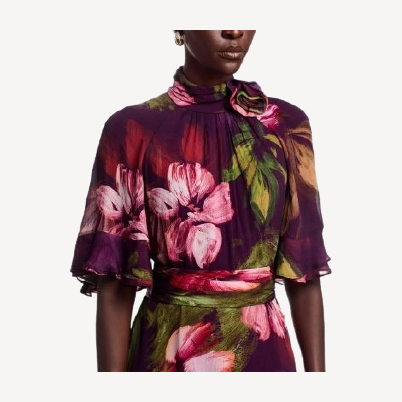 Teri Jon by Rickie Freeman Floral Flutter Sleeve Mock Neck Gown