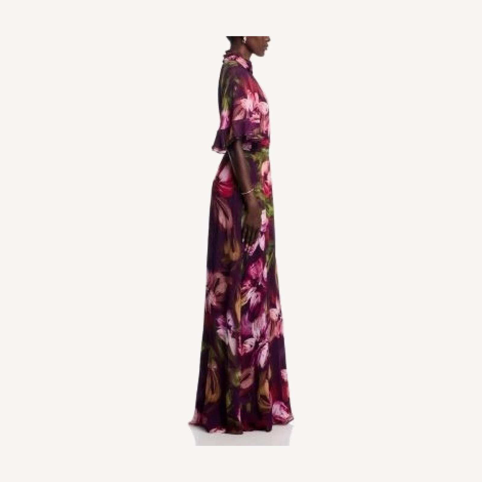 Teri Jon by Rickie Freeman Floral Flutter Sleeve Mock Neck Gown