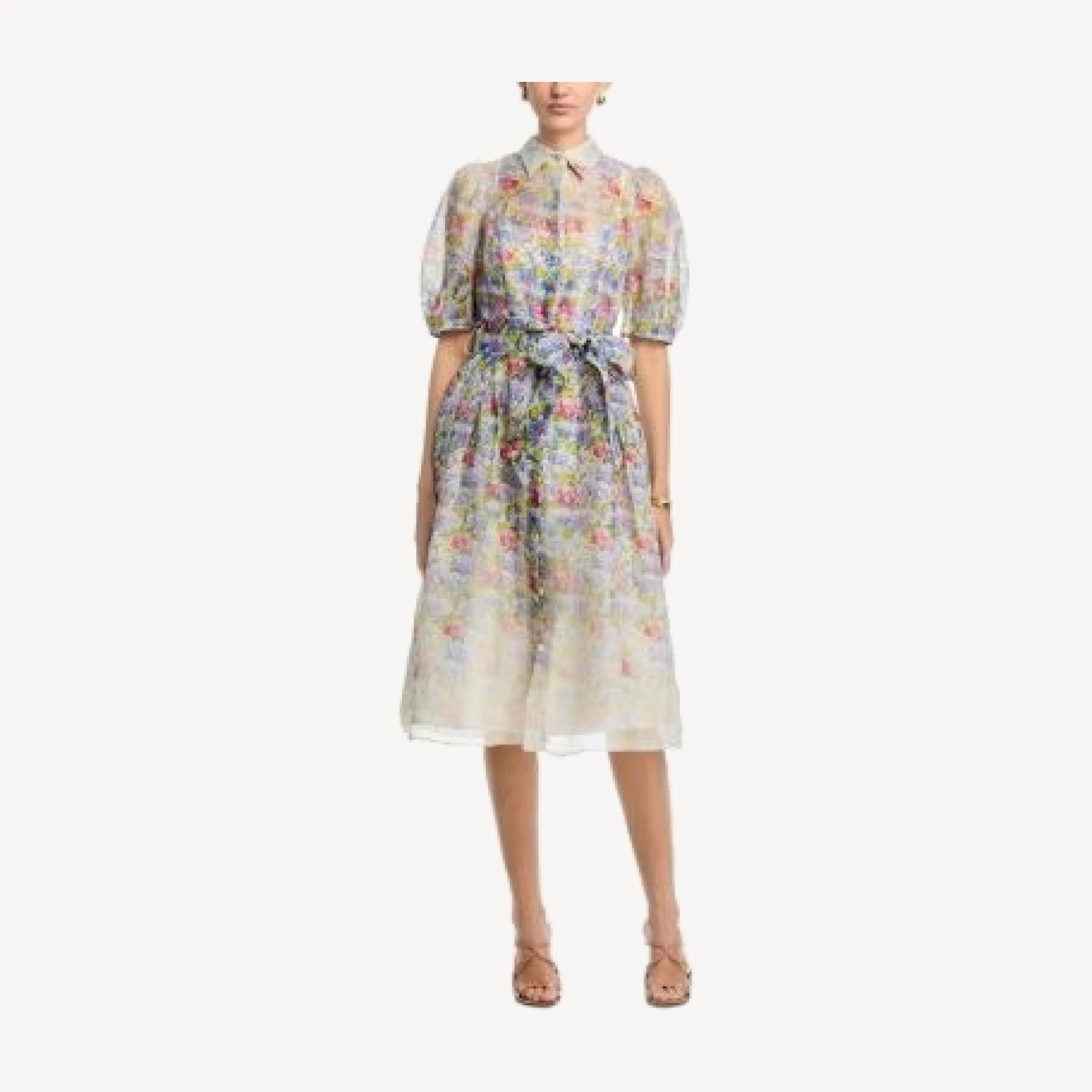 Teri Jon by Rickie Freeman Silk Linen Printed Puff Sleeve Dress