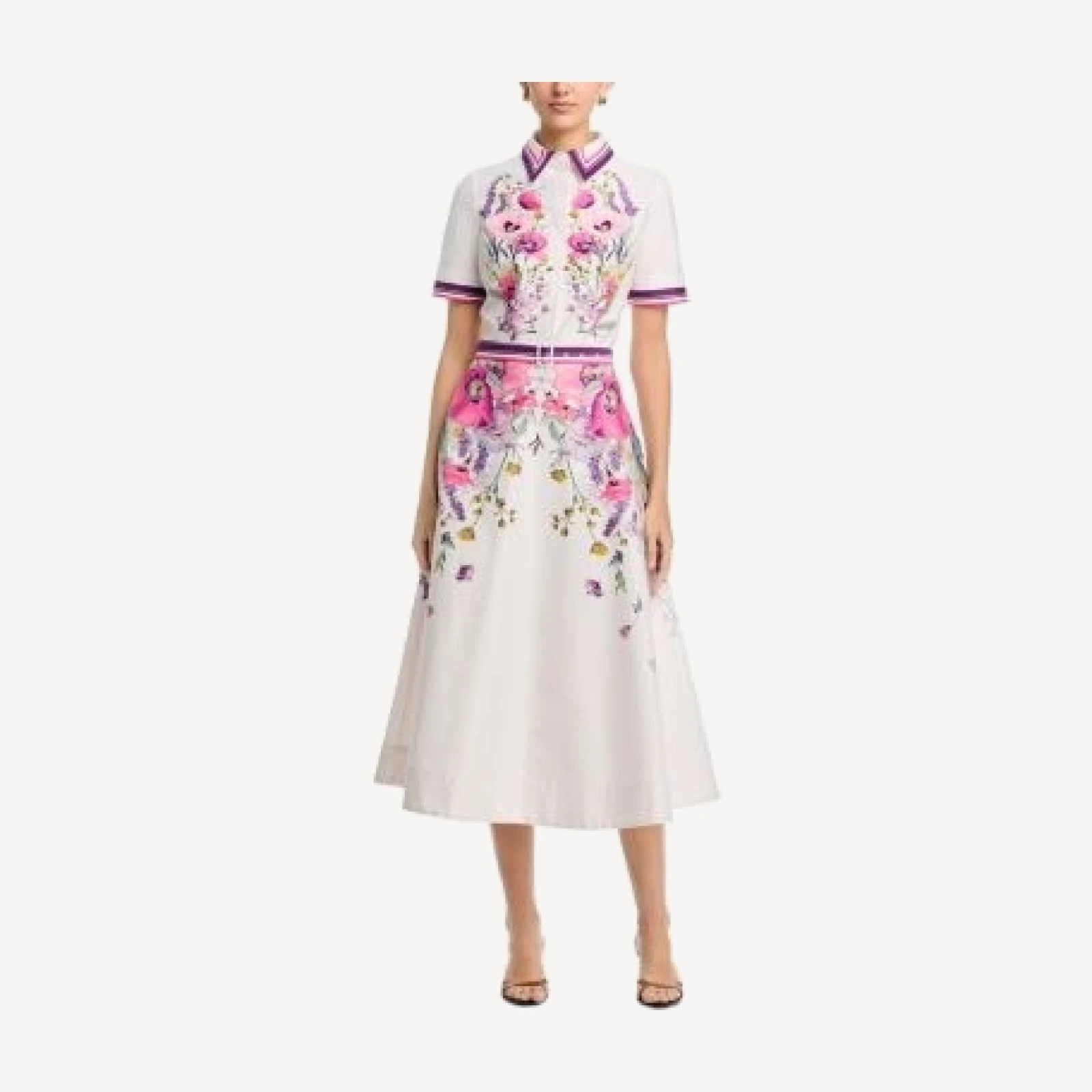 Teri Jon by Rickie Freeman Cotton Shirtwaist Floral Print Stripe Trim Dress
