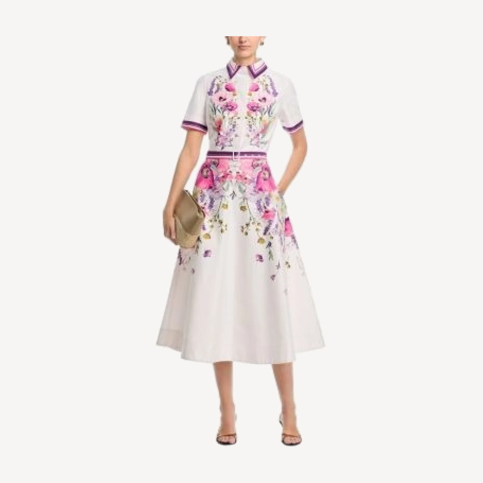 Teri Jon by Rickie Freeman Cotton Shirtwaist Floral Print Stripe Trim Dress