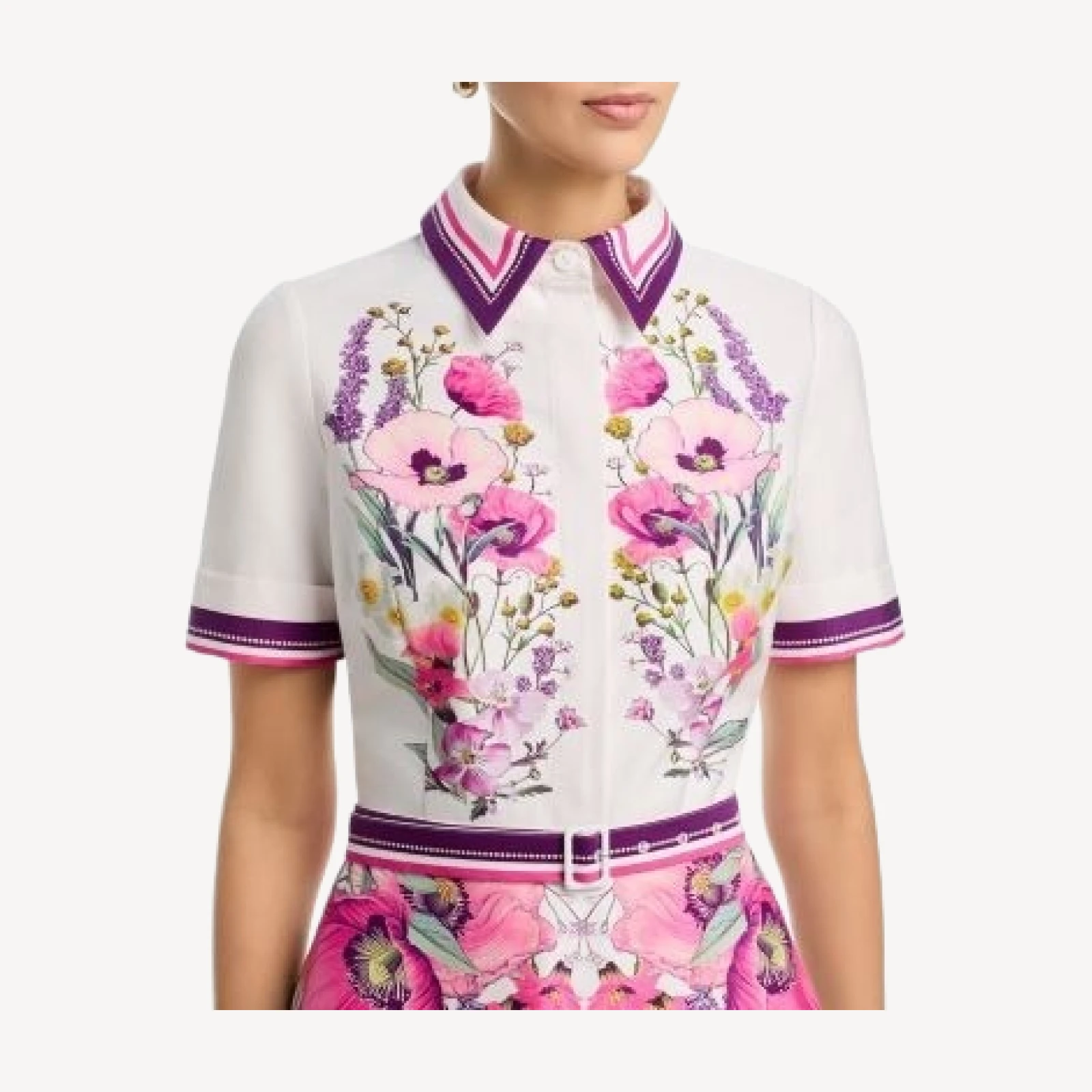 Teri Jon by Rickie Freeman Cotton Shirtwaist Floral Print Stripe Trim Dress